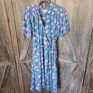 Draper James RSVP Dress Women's Size Medium Green Pink Floral Wrap Maxi Ruffles